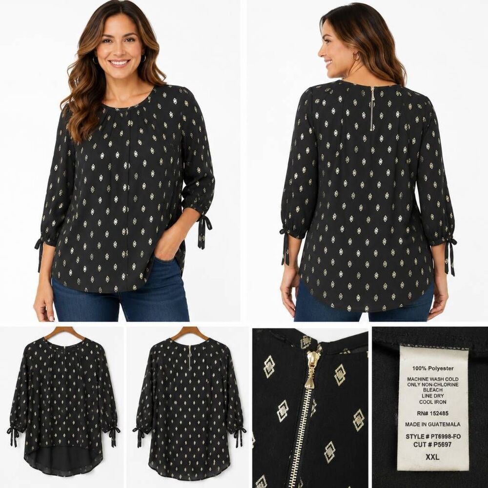 Papermoon XXL Black Metallic Print Tie Sleeve Blouse